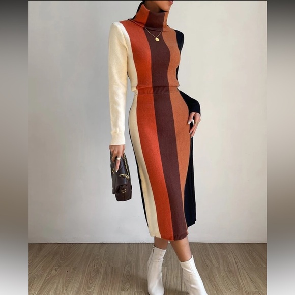 Cozy Color Block Stripe Turtleneck Sweater Dress - Picture 1 of 4